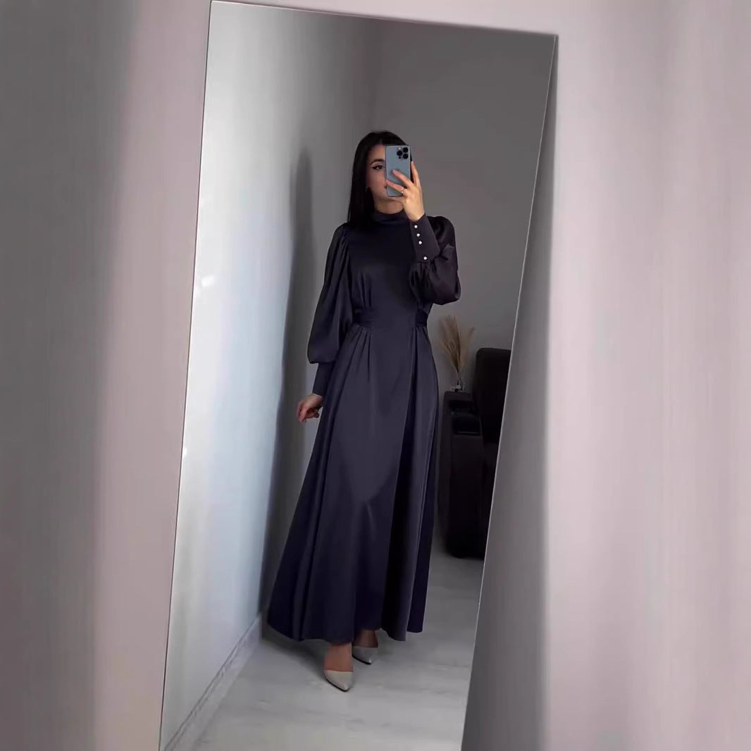 2025 popular autumn and winter new waist solid color long sleeve slim belt retro elegant dress