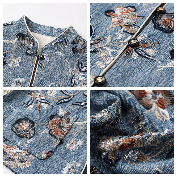 Spring 2025 New National Style Cool Elegant Top New Chinese Sequins Embroidered Denim Jacket Women's N3049