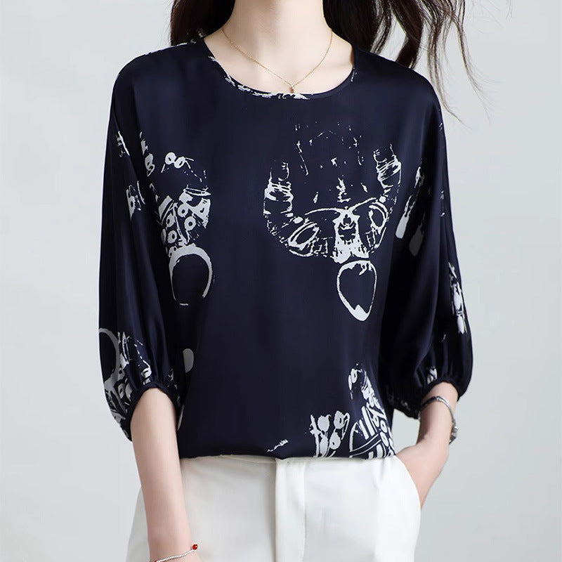 2025 High-end silk shirt, mulberry silk shirt, reverse button design sense, medium sleeve crew neck T-shirt, summer top, women's shirt