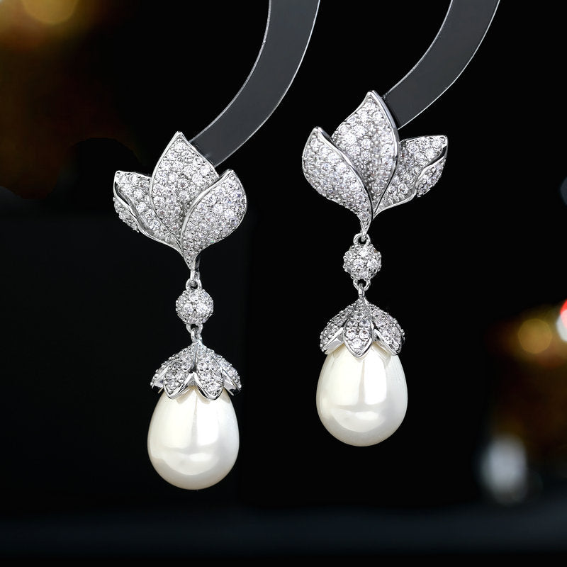 2025 S925 silver needle retro elegant temperament new earrings wholesale zircon inlaid flower water drop pearl earrings