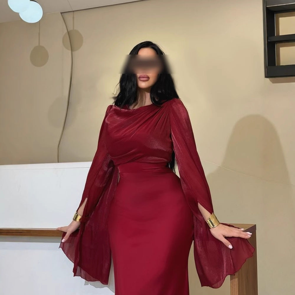 2025 popular autumn and winter New Popular trade women's clothing independent station ebay Middle East hip-wrapped satin bright yarn evening dress