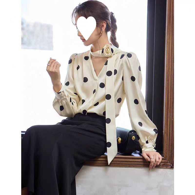 Satin shirt women's autumn 2025 new high-end long-sleeved polka dot top design commuter women's clothing