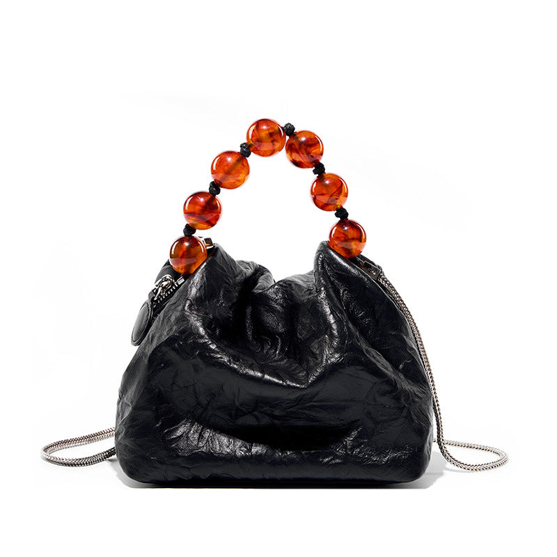 2025 First layer leather women's bag beaded handbag bag popular new new Chinese bead bag characteristic hand-scratched lunch box bag