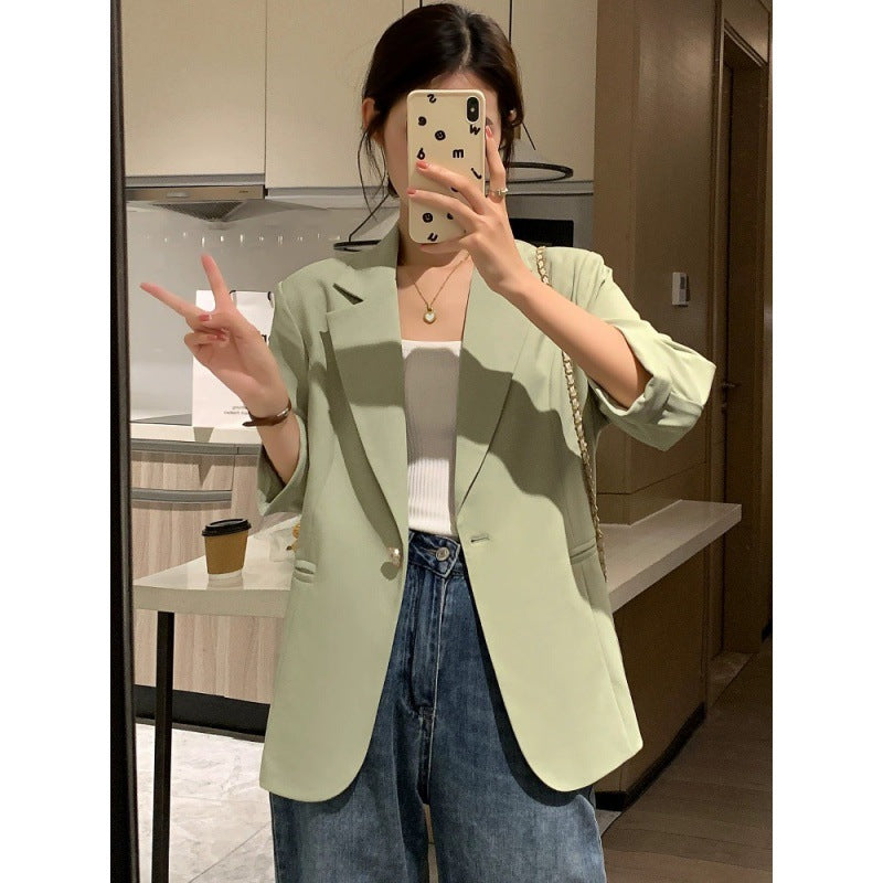 Beige blazer women's small short 2025 spring and summer new Korean version of high-end seven-quarter sleeve thin suit