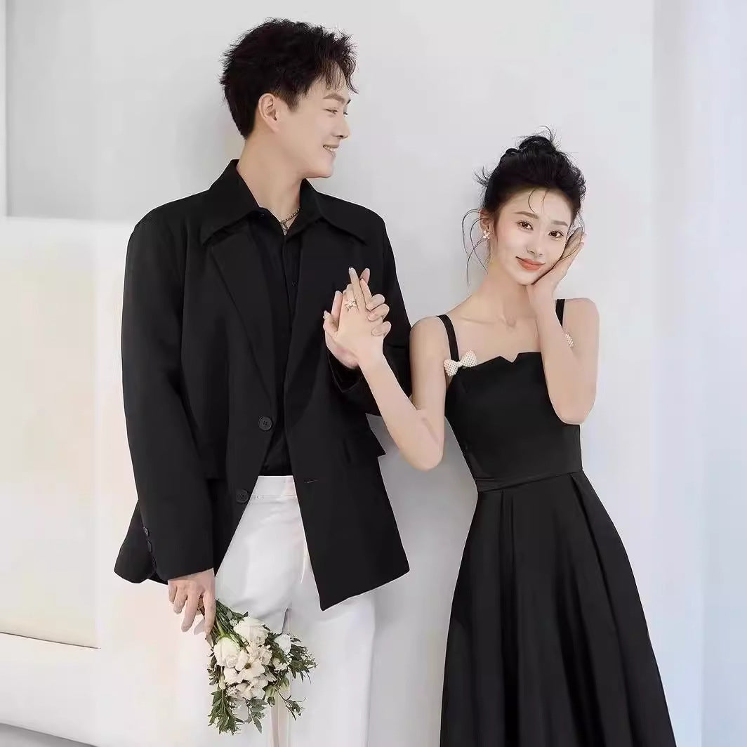 2025 Photo studio photo theme clothing black short skirt Hepburn style clothing simple bow suspender new dress