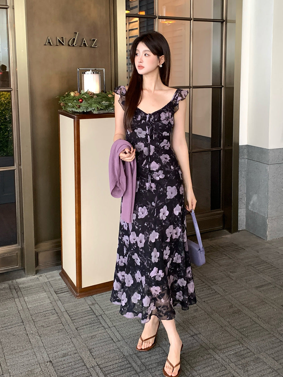 2025 Thirteen Lines Spring New Retro Temperament Printing Pure Desire High Waist Suspender Dress Women 88250