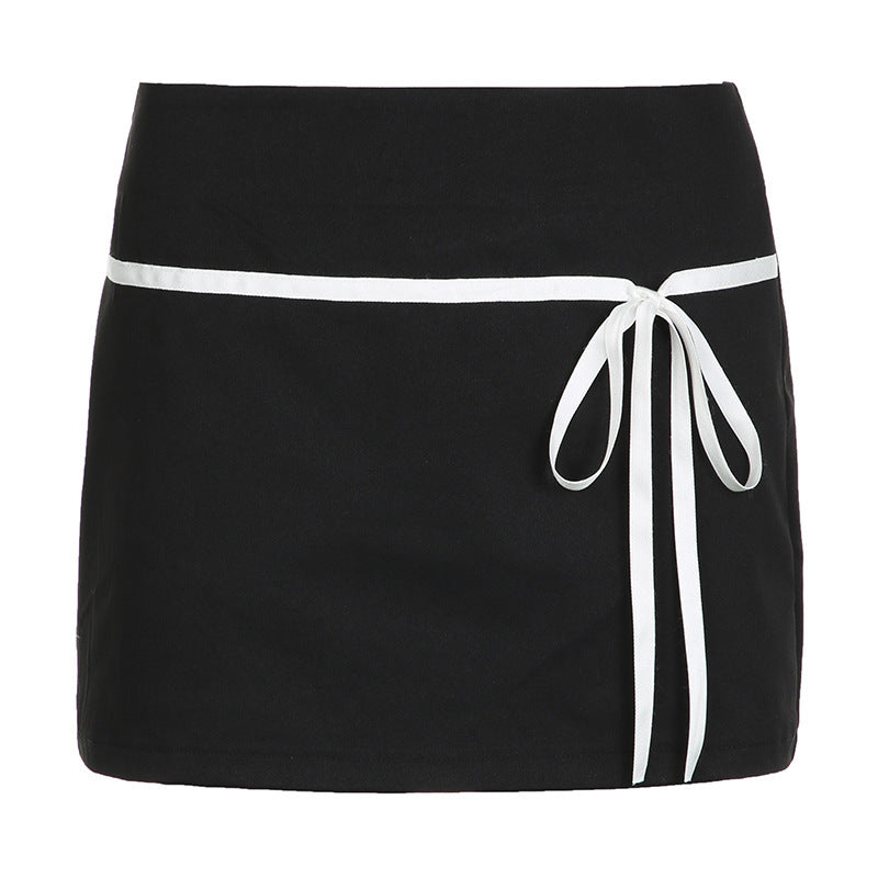 ANTMVSpopular pure desire girl low waist contrasting color splicing slim-fitting hip skirt women's basic bow strap slim skirt