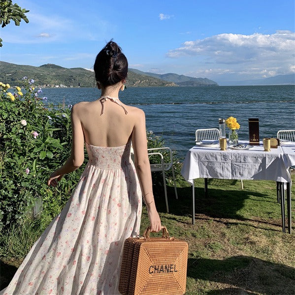 2025 Sweet and fresh floral suspender dress female temperament celebrity design sense super fairy vacation style neck dress