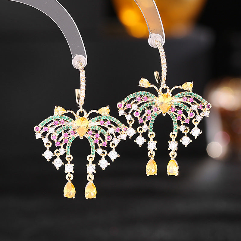 2025 Temperament elegant s925 silver needle exaggerated atmosphere butterfly water drop fringed earrings female zircon inlaid light luxury ear jewelry