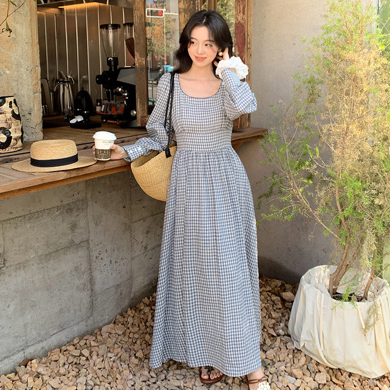 2025 Spring New Temperament Plaid Retro High Waist Long Sleeve Skinny Dress 88220