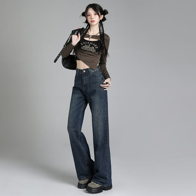 2025 Retro jeans women's spring popular new small n high-waisted and thin floor-mopping wide-leg pants
