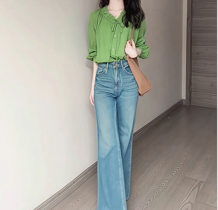Green v-neck fungus edge bow strap loose long-sleeved T-shirt summer 2025 fashion wear design top