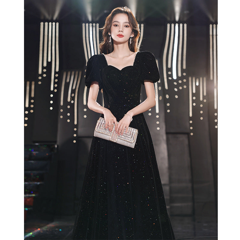 2025 Black evening dress dress, female banquet temperament, light luxury, niche, high-end art examination performance, Hepburn host, high sense