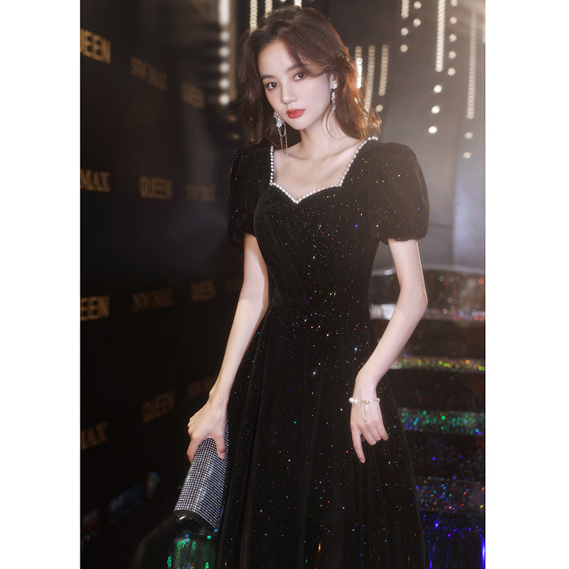 2025 Black evening dress dress, female banquet temperament, light luxury, niche, high-end art examination performance, Hepburn host, high sense