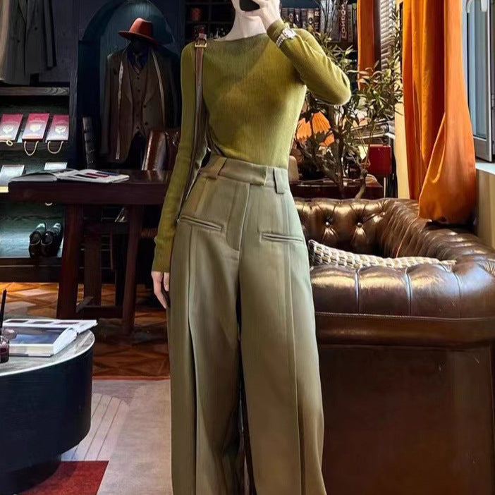 2025 Spot wide-leg pants autumn new women's clothing one-word shoulder long-sleeved knitted top wear two-piece suit