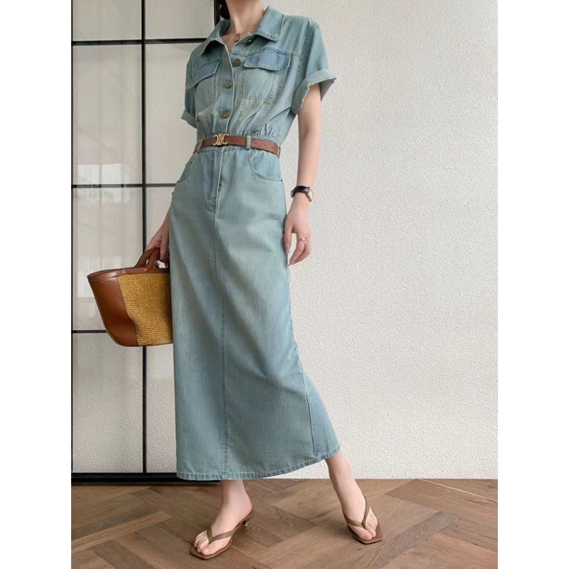 2025 Popularan Station retro washed short-sleeved denim dress women's summer new waist and thin long skirt