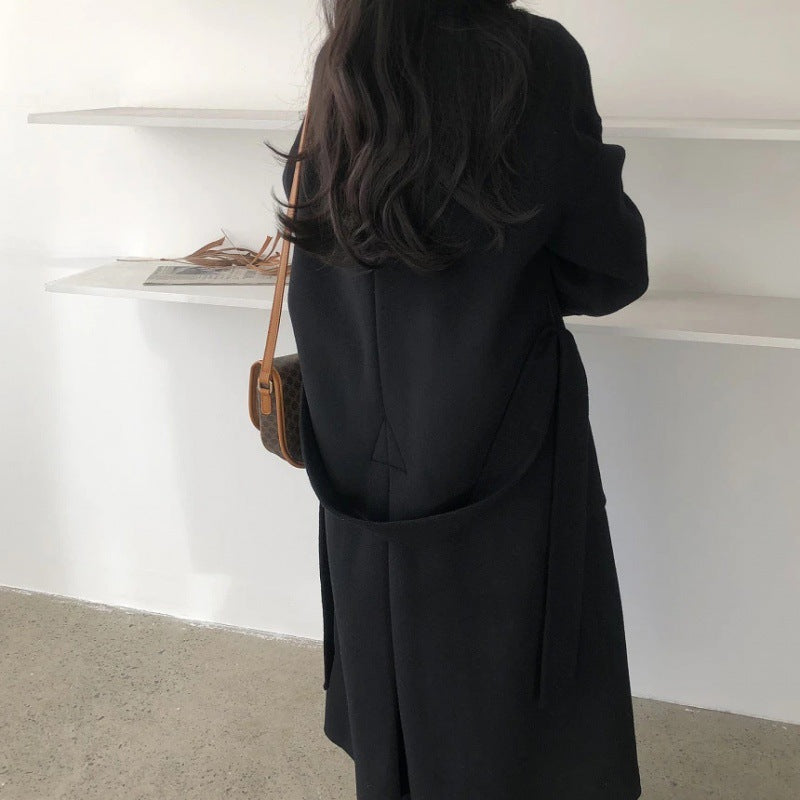 Dongdaemun, South Korea 2025 autumn and winter new lace-up cashmere coat women's medium and long loose over-the-knee woolen coat