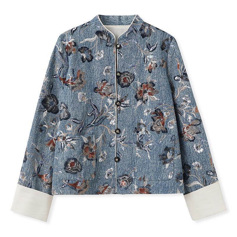 Spring 2025 New National Style Cool Elegant Top New Chinese Sequins Embroidered Denim Jacket Women's N3049