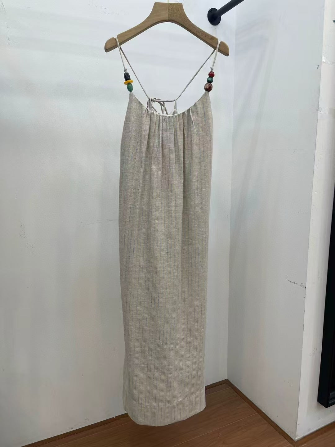 summer vacation style linen retro neck dress, high-end style elegant skirt