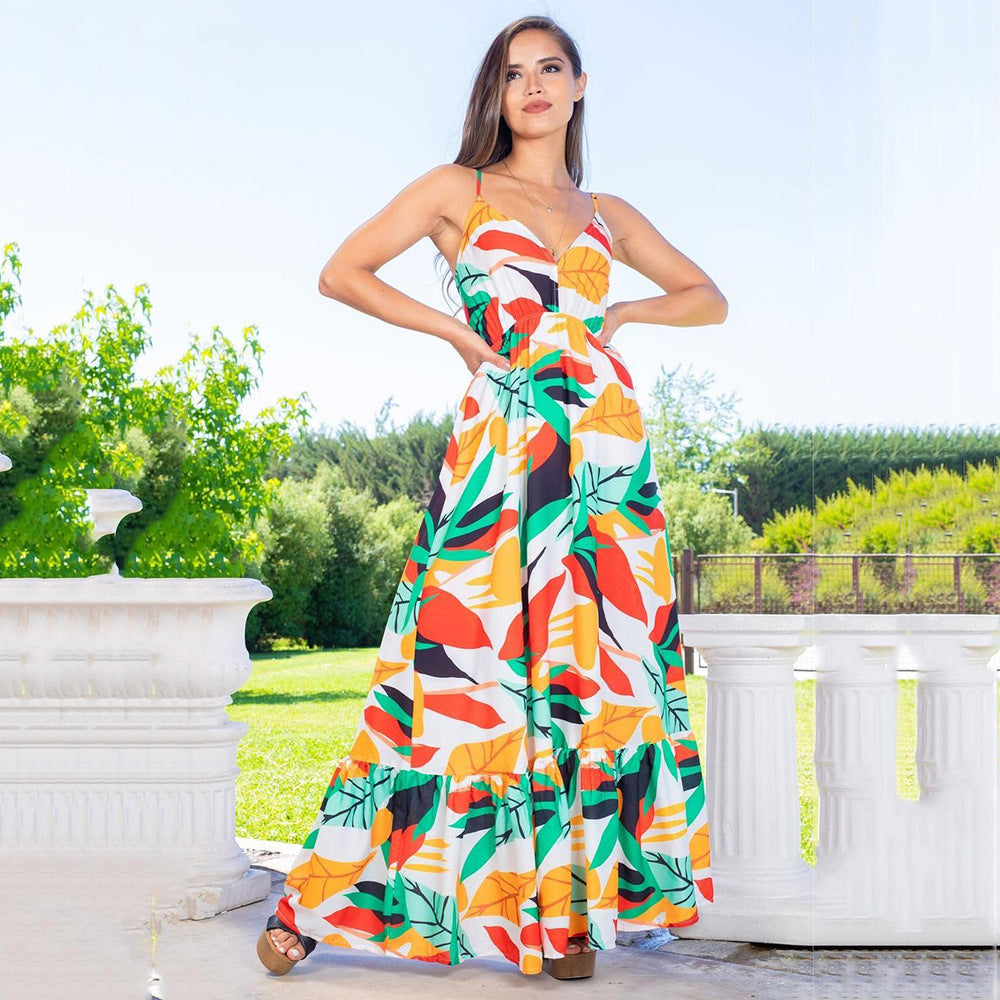 2025New summer new women's clothing backless dress, thin waist long dress temperament split suspender skirt