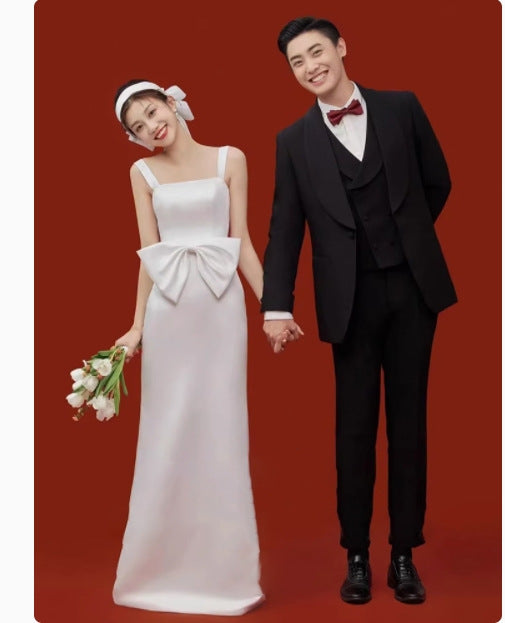 2025 Photo studio photo theme clothing light wedding dress small dress suspender satin bow going out yarn dress spring