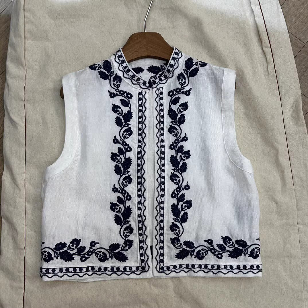 2025 popular summer new exquisite embroidered imitation linen vest elastic waist shorts set summer breath versatile casual