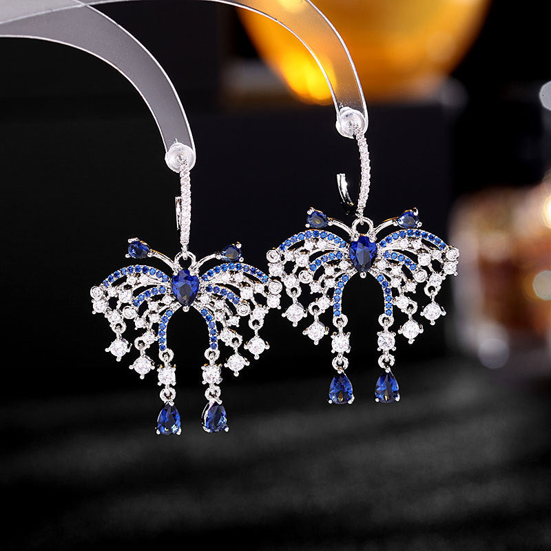 2025 Temperament elegant s925 silver needle exaggerated atmosphere butterfly water drop fringed earrings female zircon inlaid light luxury ear jewelry