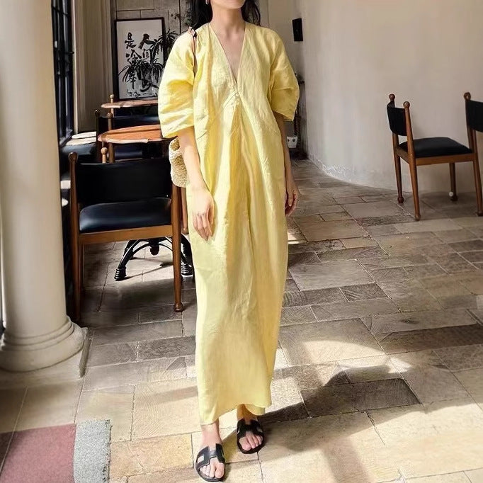 Linen midsummer dress long dress v-neck temperament dress children's spring simple style new Chinese style wear