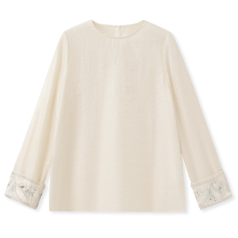 Guofeng Spring New Heavy Industry Bead Embroidery Splicing Long Sleeve Top Women's Thin Versatile Silk Shirt N2071