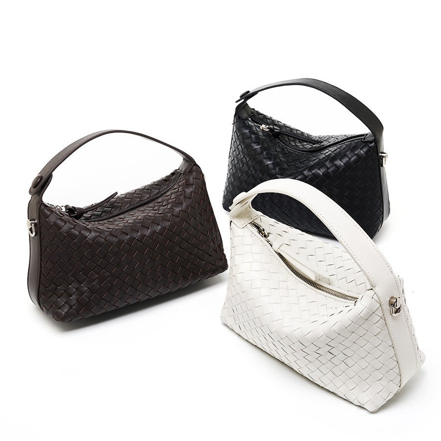 2025 Leather woven women's bag popular spring and summer new fashion sheepskin messenger bag niche design woven dumpling bag portable