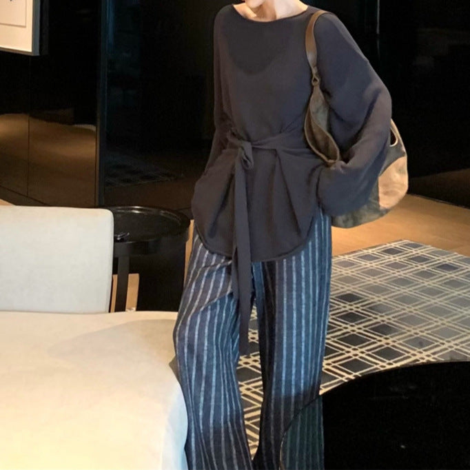 2025 Spot gray lazy style long-sleeved knitted top loose and thin striped wide-leg pants casual pants set