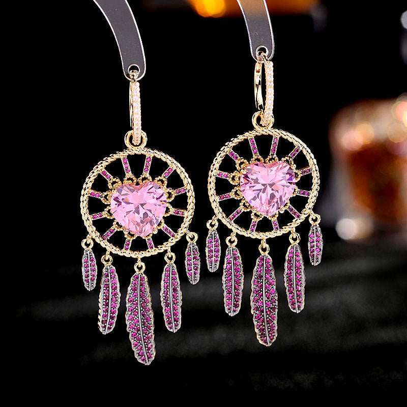 2025 Dongdaemun Premium Sense Heavy Industry Earrings Women's Cold Wind Earrings Love Zircon Inlaid Retro Feather Fringed Ear Buckle