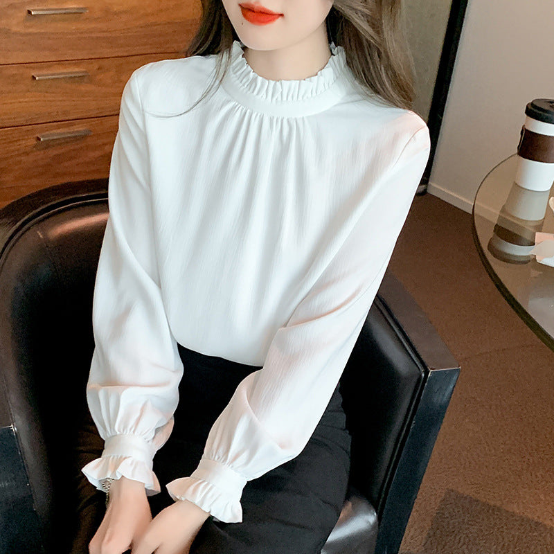 White shirt women's 2025 spring and autumn clothes, new OL commuter fungus edge stacked wear long-sleeved chiffon shirt top tide