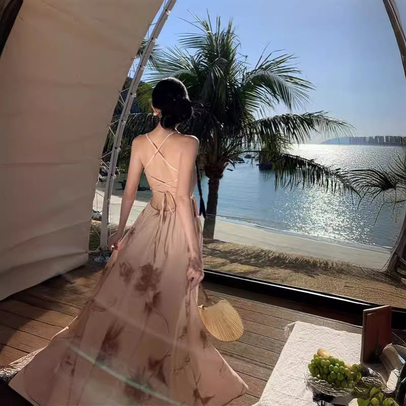 2025 Sanya travel wear seaside beach skirt female super fairy photo Mori halter suspender dress vacation dress