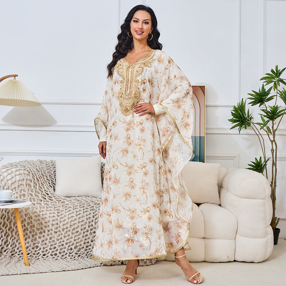 Summer new Muslim Middle Eastern robe women's embroidered beaded collar dress Dubai women's long dress dress