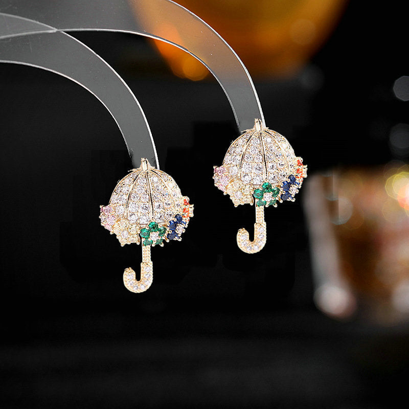 2025 S925 silver needle high-end earrings color zircon inlay fashion personality creative niche design small umbrella stud earrings