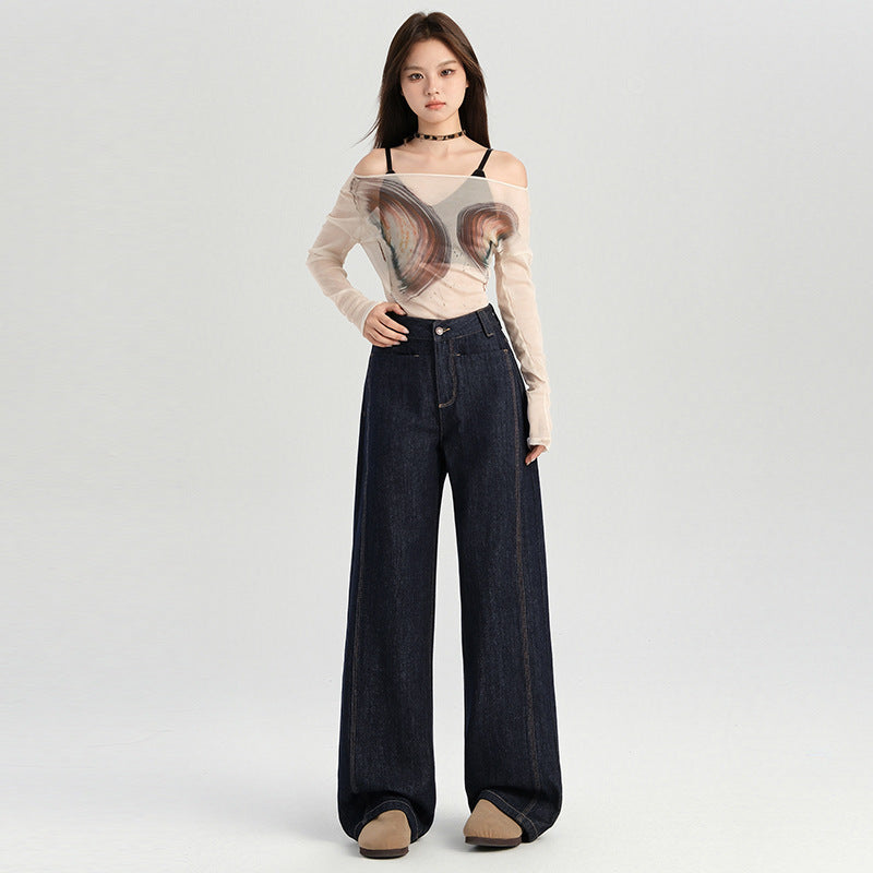 2025 Denim primary color jeans women's retro dark wide-leg pants popular autumn high waist loose and thin loose floor pants