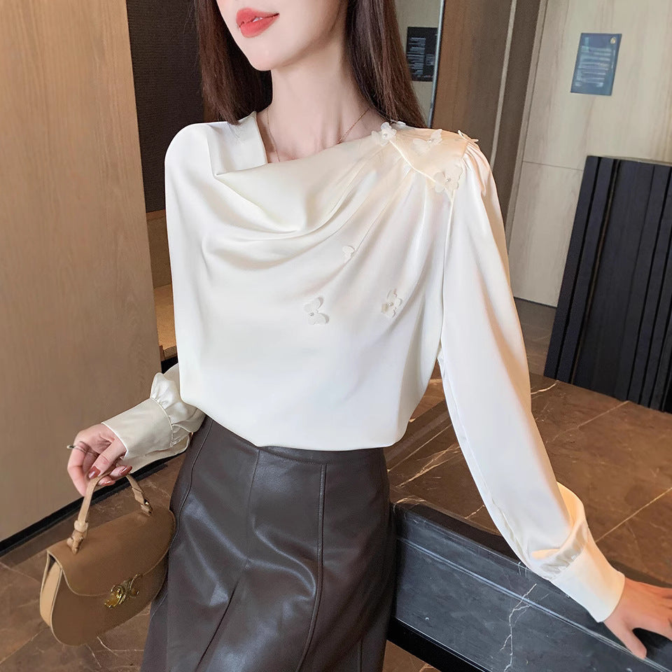 Pleated swinging collar shirt women's 2025 spring and autumn clothing new Korean version temperament beaded long-sleeved casual bottoming top shirt