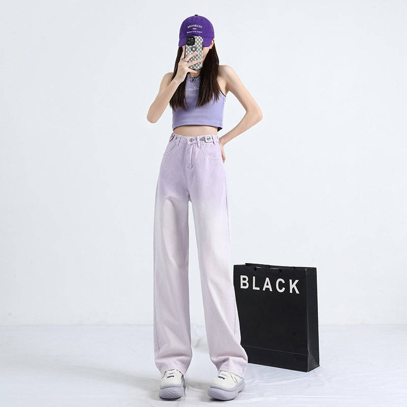 2025 Pink wide-leg jeans women's popular summer new high waist thin narrow version gradual change color straight mopping pants thin