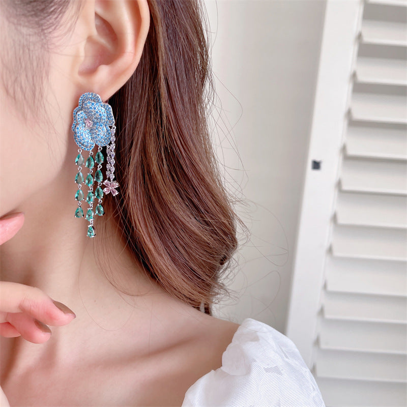 2025 Liyu jewelry exaggerated atmosphere heavy industry earrings wholesale inlaid zircon light luxury high sense butterfly flower fringed earrings