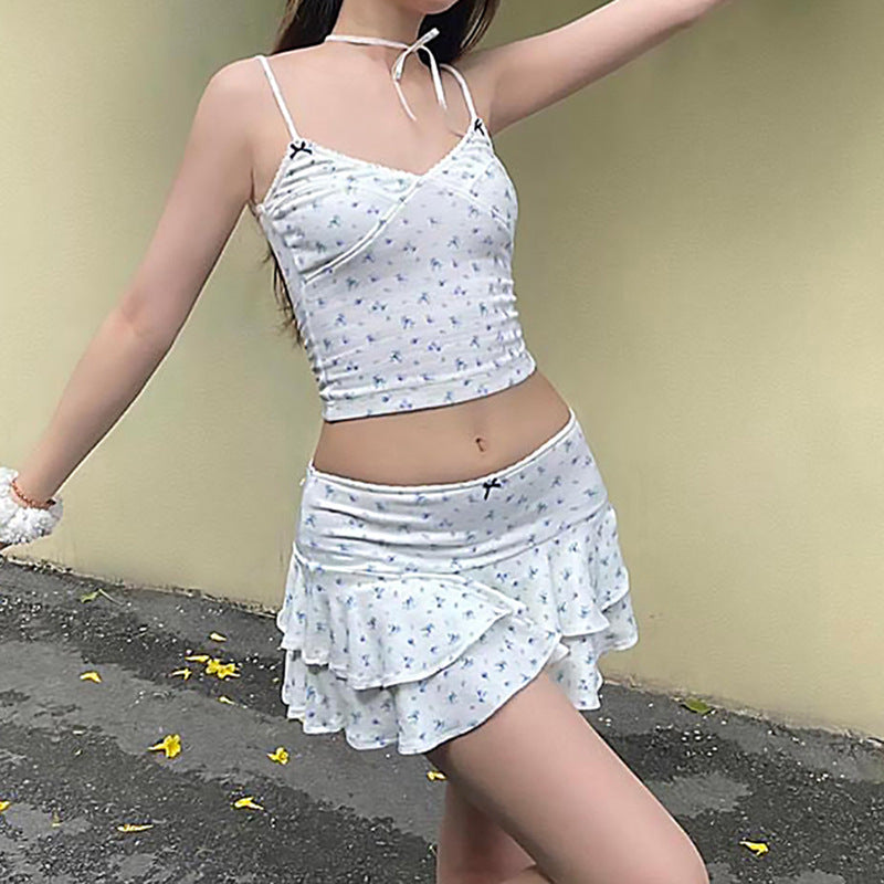 BENPAOLV Cross-border new sweet floral suit cute girly bow sling vest short knitted printed skirt