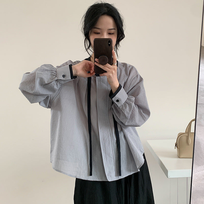 Cotton cocoon, simple contrasting color lace-up neck chiffon lantern sleeve shirt loose versatile and thin lazy style top