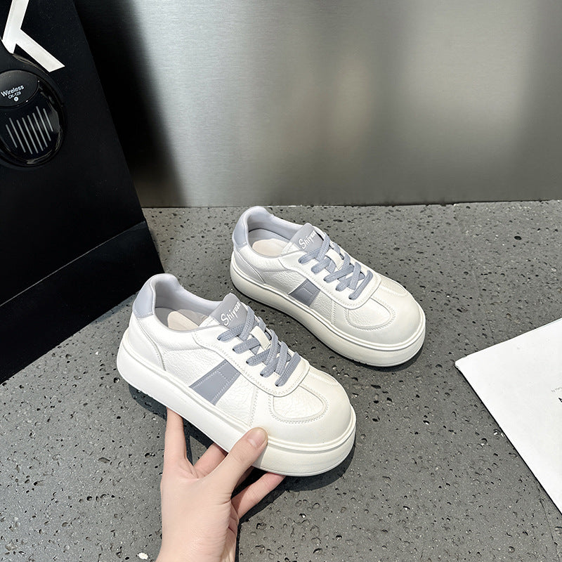 2025 Leather little white shoes women's spring fashion versatile thick-soled heightening soft bread shoes lace-up casual sports shoes tide
