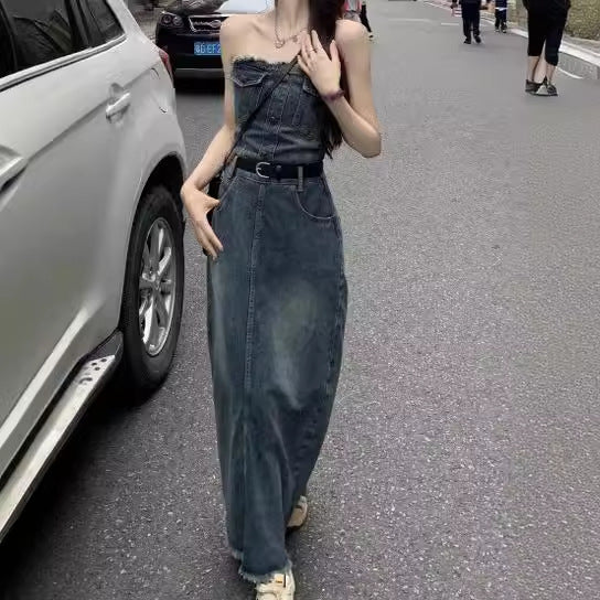 2025 Retro Hong Kong style tube top suspender denim dress women's summer niche design Spice girl medium and long waist long skirt