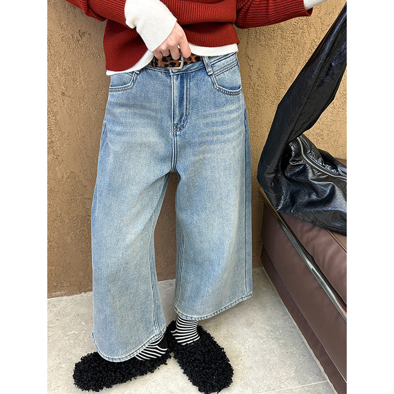 2025 popular autumn and winter new Korean retro high waist and thin loose versatile straight eight-point pants 6377
