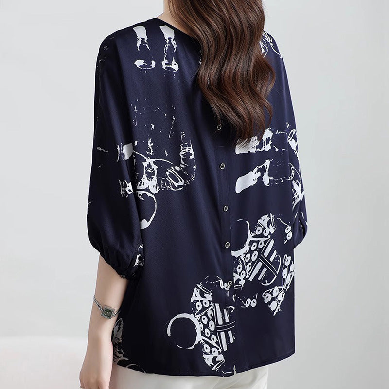 2025 High-end silk shirt, mulberry silk shirt, reverse button design sense, medium sleeve crew neck T-shirt, summer top, women's shirt