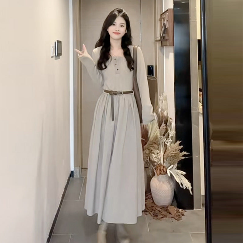 2025 High-end long-sleeved dress, early autumn women's models new temperament bottomed square neck long dress