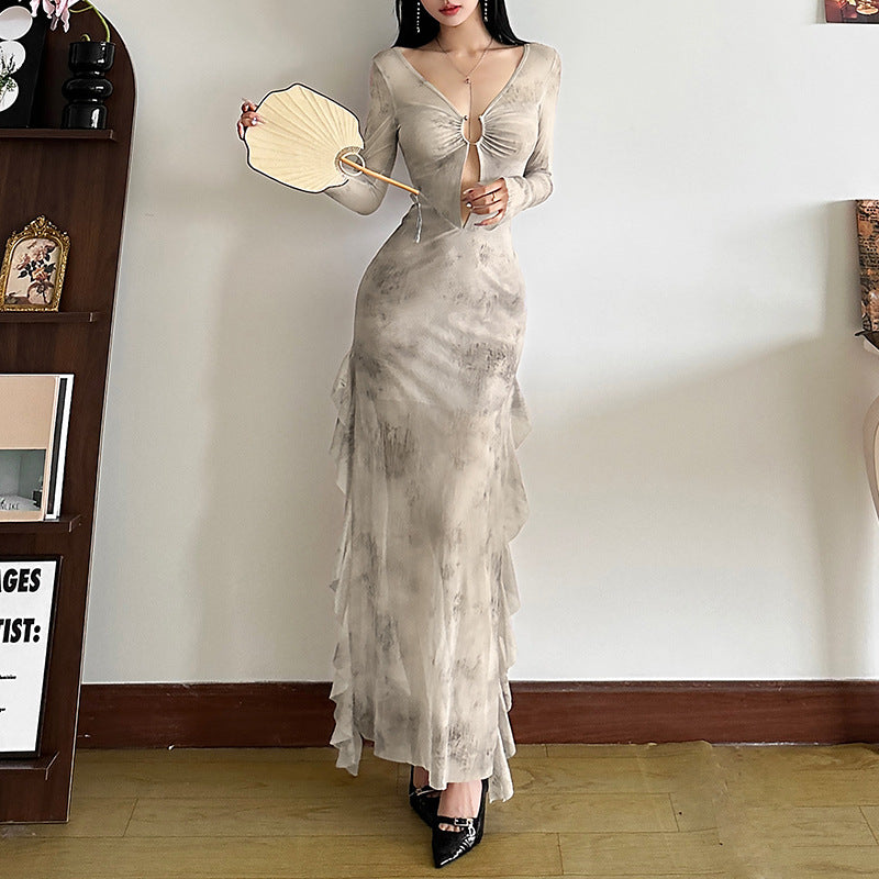 2025 style popular autumn new women's clothing new Chinese style printing slim waist high split dress
