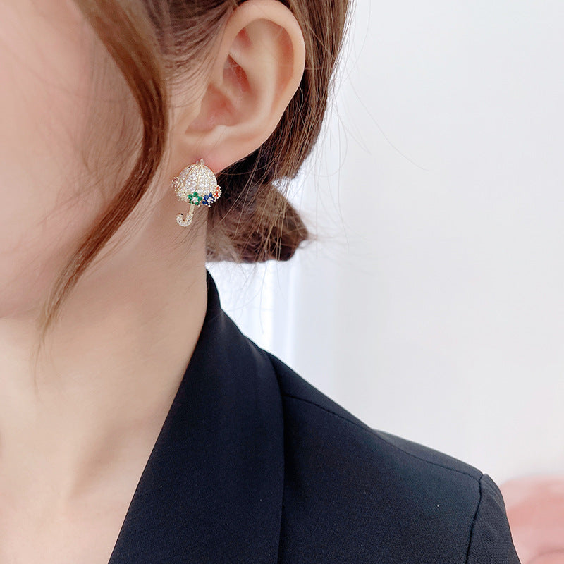 2025 S925 silver needle high-end earrings color zircon inlay fashion personality creative niche design small umbrella stud earrings