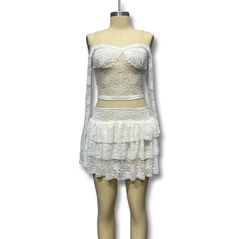 BENPAOLV 2025 New Popular trade women's clothing popular top set splicing tube top see-through lace skirt two-piece set women